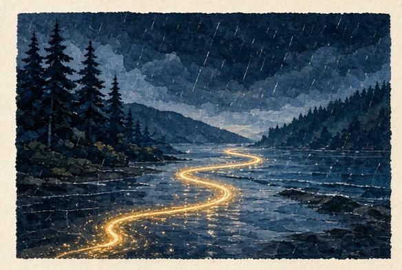 A gold signal path moving through a rain-blue Pacific Northwest night