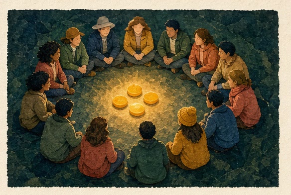 A community circle gathered around warm tokens of support