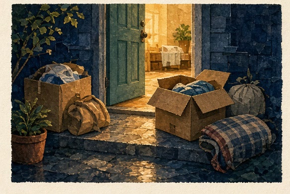 Practical supplies arriving at a softly lit home
