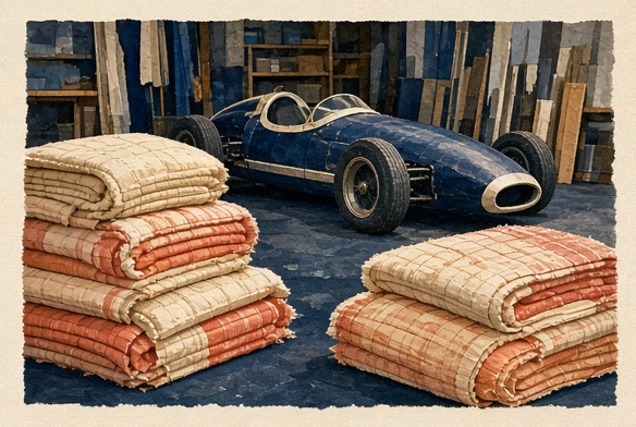 A vintage race metaphor resting beside folded comfort quilts