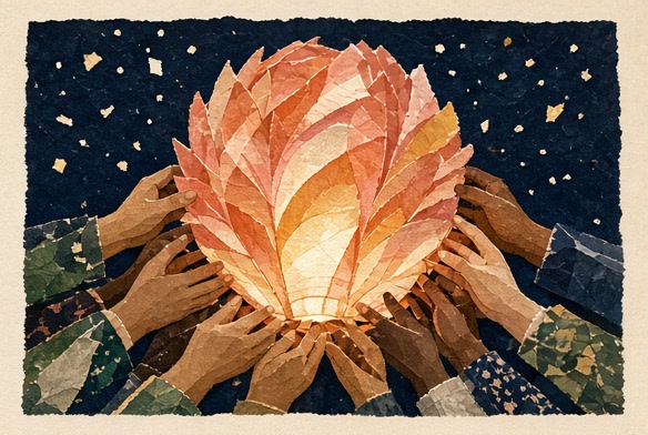 A paper lantern shaped by many caring hands