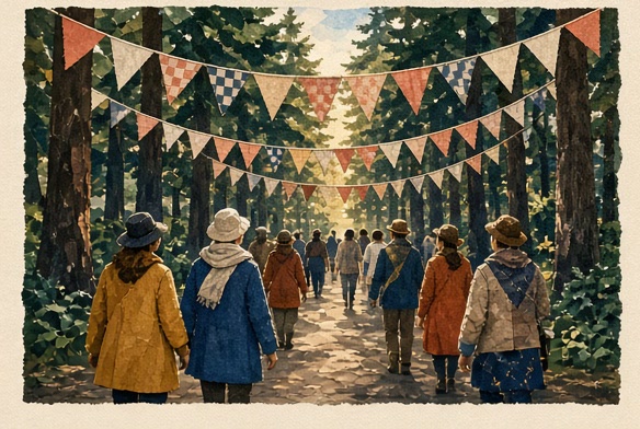 A community passage beneath handmade check-pattern bunting