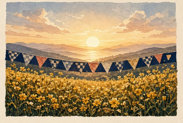 A calm finish-line sunrise dissolving into gold wildflowers