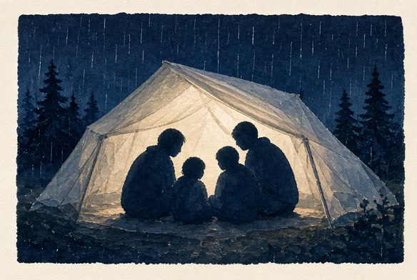 A family silhouette protected by a translucent shelter