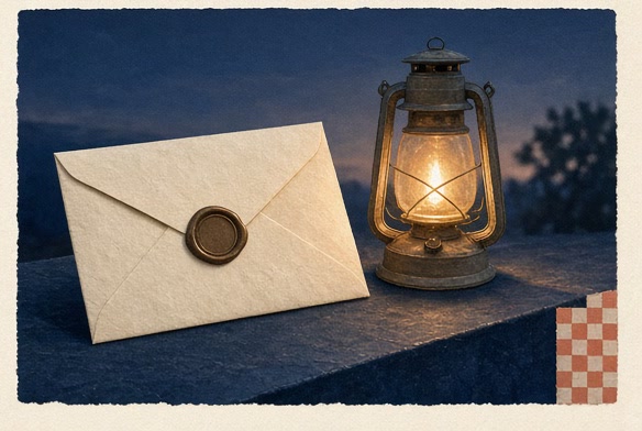 A sealed blank envelope beside a warm signal lamp